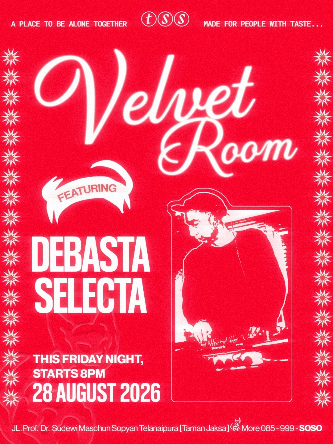Poster VELVET ROOM menampilkan DEBASTA SELECTA pada 28 Agustus 2026 mulai pukul 20.00 WIB